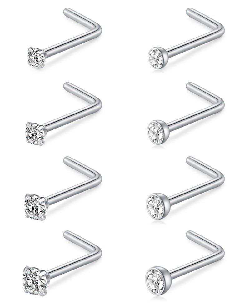 MODRSA Nose Studs for Women Men Silver Nose Ring Studs 18 gauge L Shaped Nose Screw Stainless Steel Diamond Nostril Piercing Stud - Image 1
